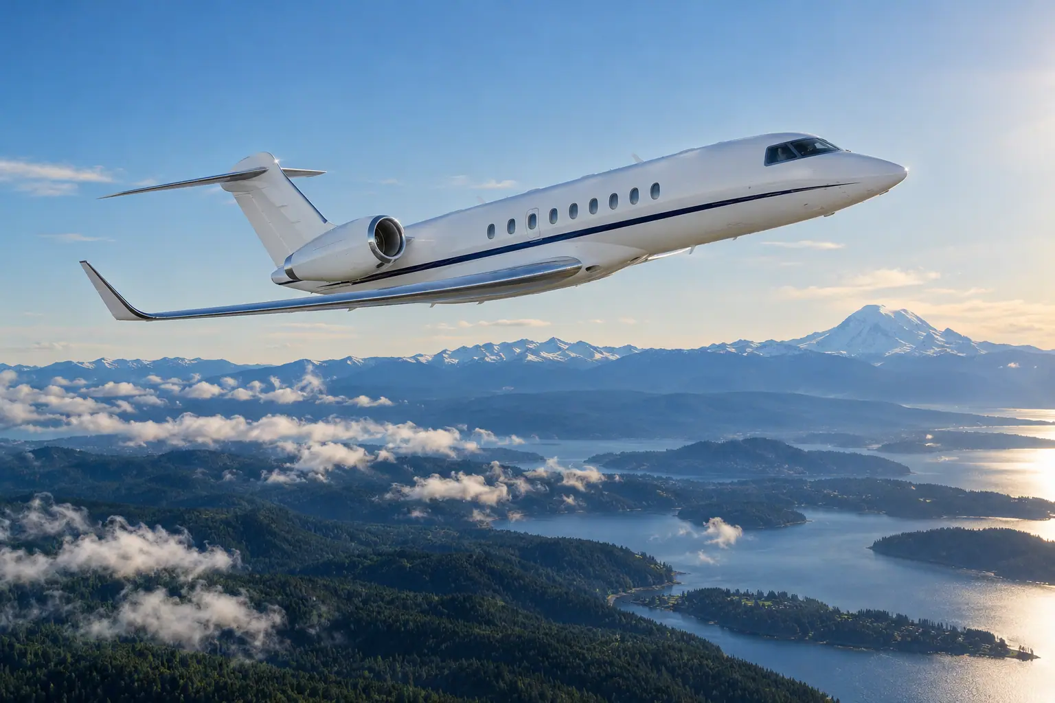 Private jet climbing out over Seattle