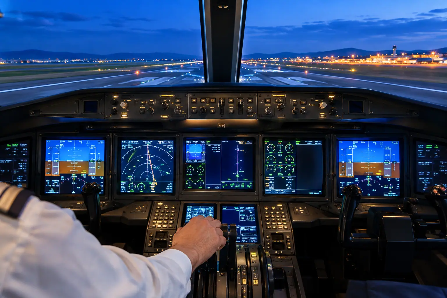 Business jet cockpit before departure